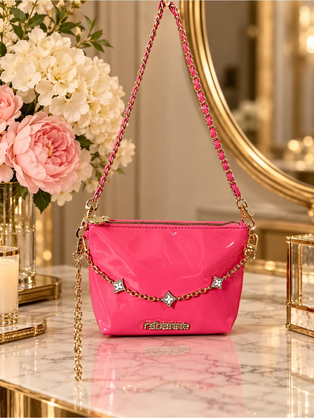 Rabanne Pink Chain-Accent Patent Bag
